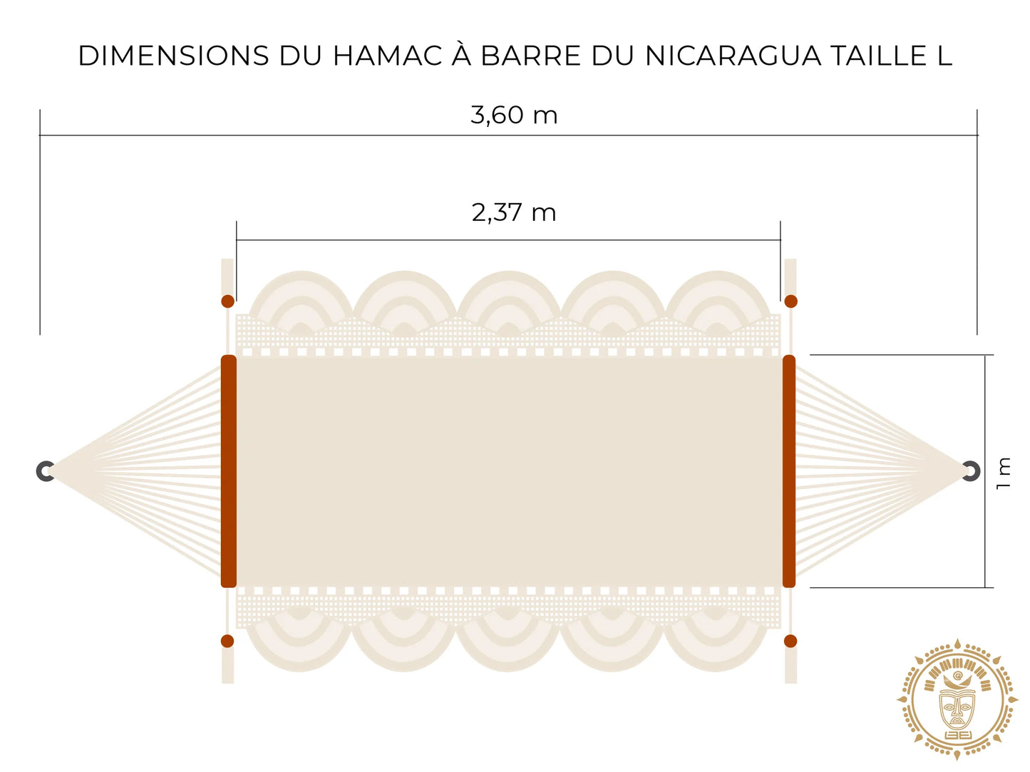 Dessin d'un hamac à barre du Nicaragua fait main L avec mesures détaillées une couleur