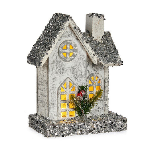 Figurine Décorative Krist+ Blanc Gris Paillettes Maison Noël 19,5 x 25 x 9 cm Lumière LED