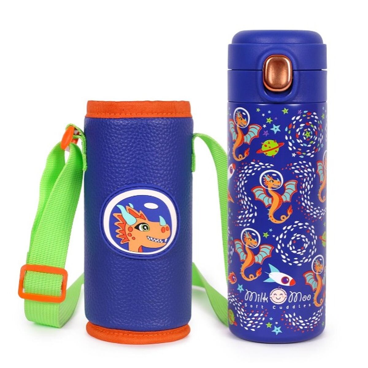 Gourde enfant inox Milk&Moo Ponix 420ml bleu avec sangle ajustable